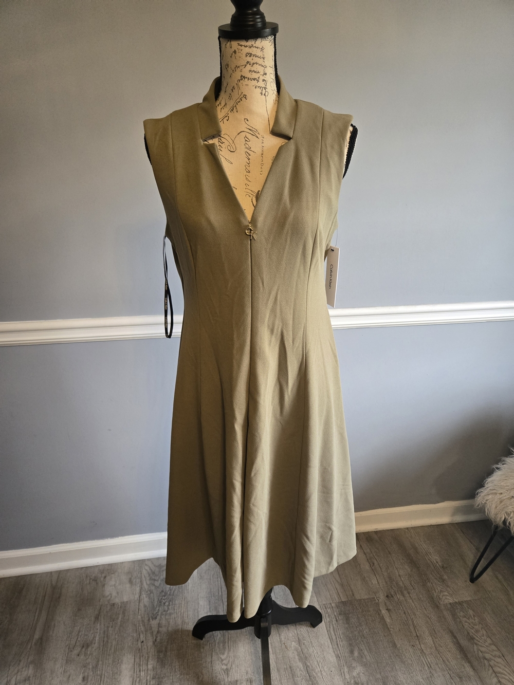 Calvin Klein Olive Green Sleeveless V-Neck Midi Dress